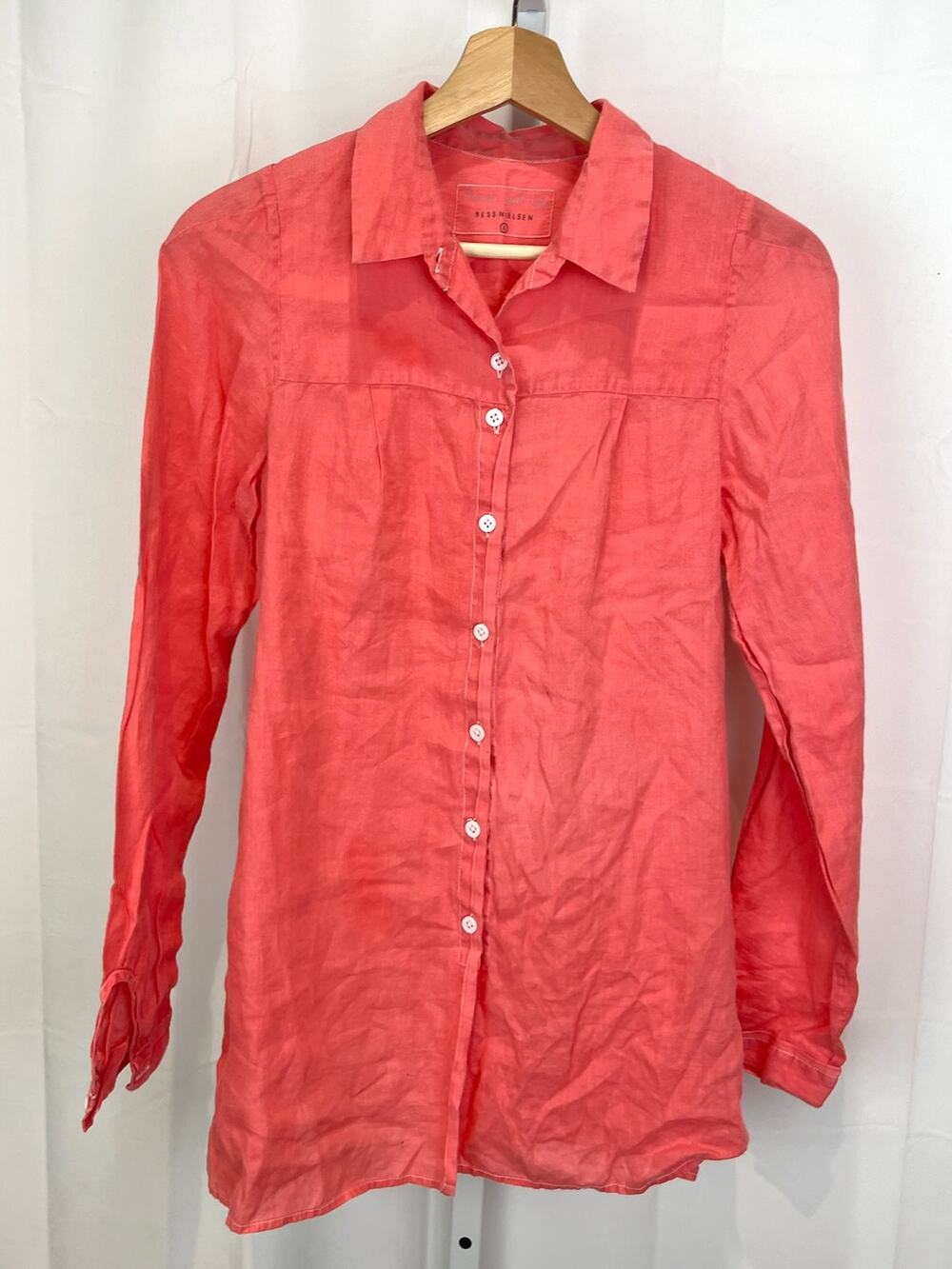 KHADI AND CO Bess Nielsen Hand Woven Linen Button Down Shirt Coral Pink Orange L